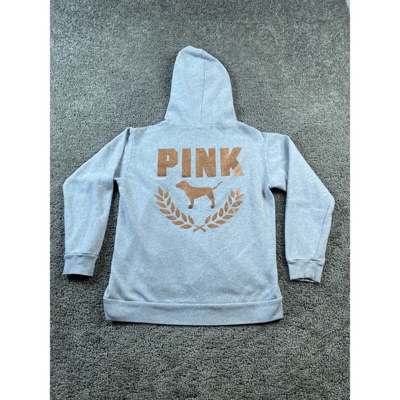 Victorias Secret Hoodie Womens Small Gray Gold Glitter Dog Sweatshirt PINK FLAW - Picture 1 of 16